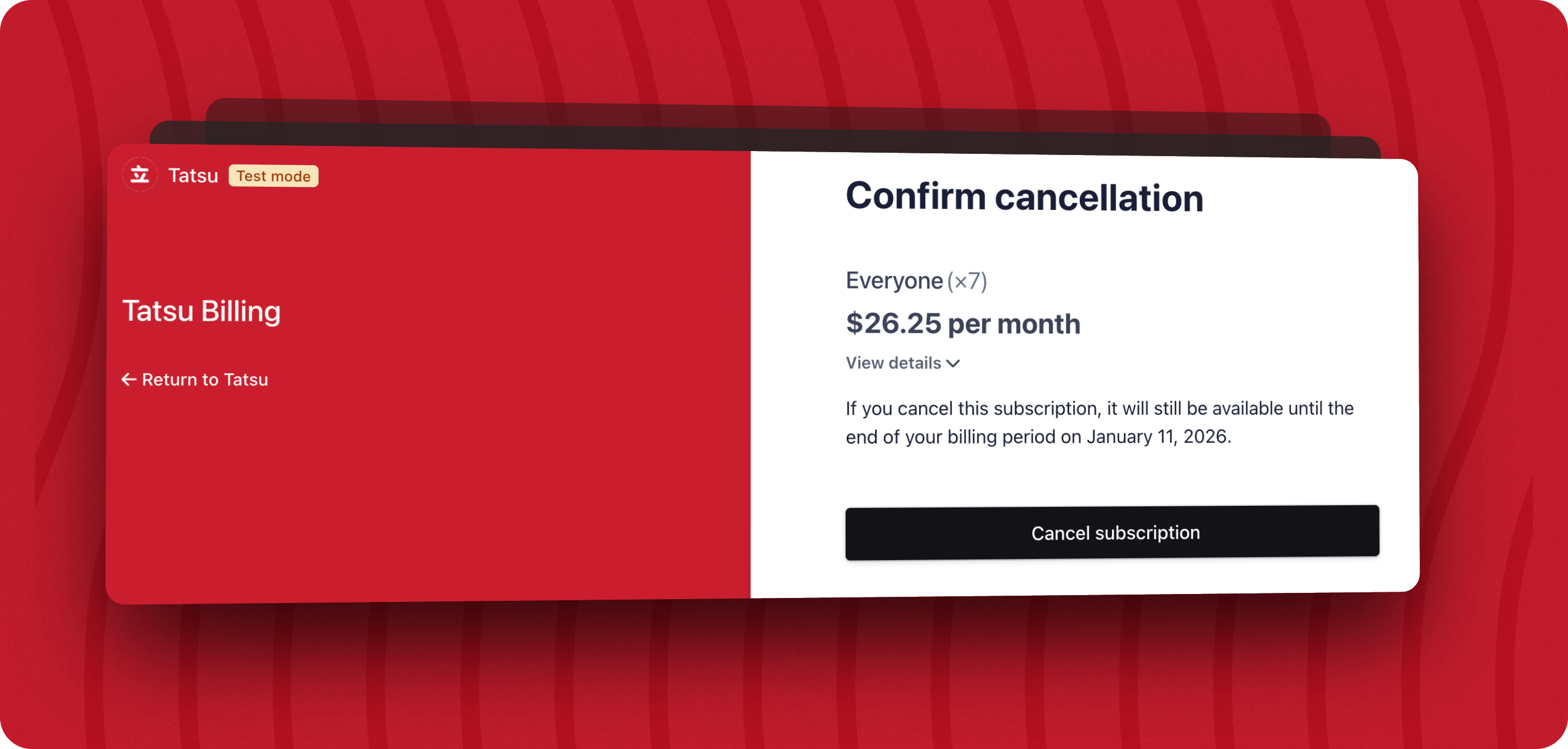 Screenshot of cancel subscription confirmation on the Stripe billing portal